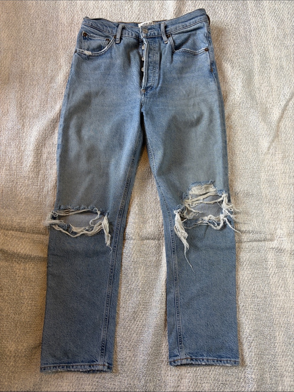 Agolde Light Blue Distressed Straight-Leg Jeans